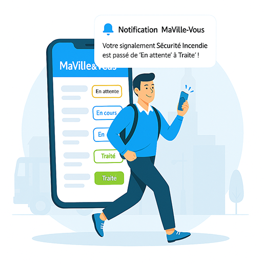 illustration téléphone et utilisateur recevant une notification de ma ville et nous